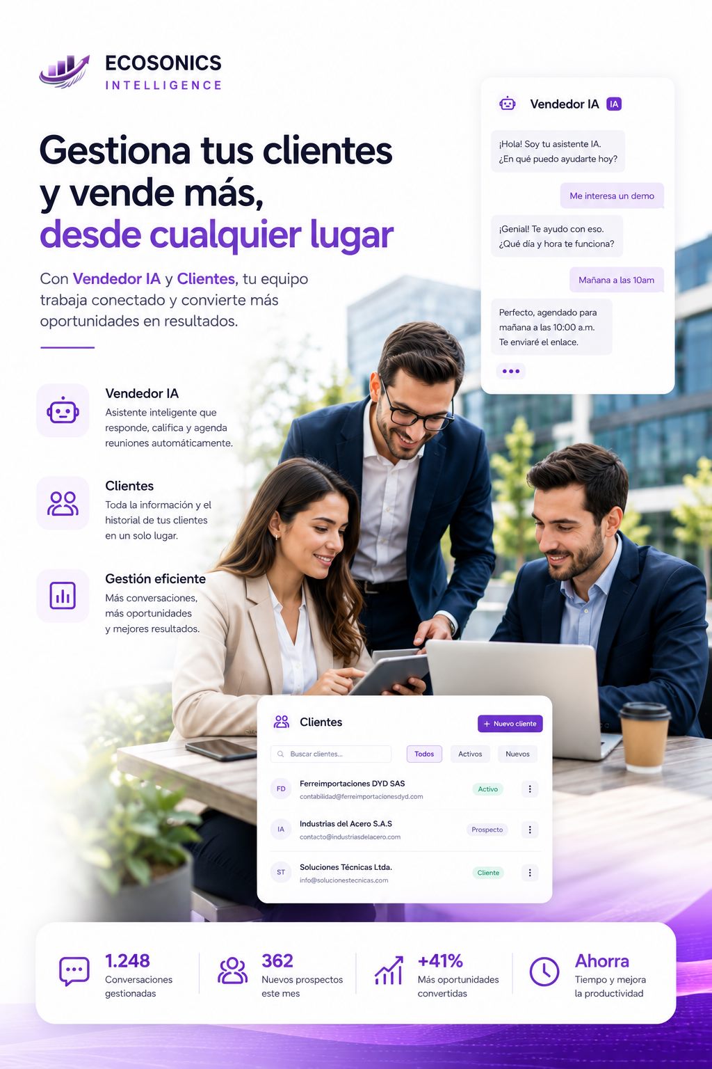 Equipo comercial gestionando clientes con Vendedor IA, CRM y seguimiento centralizado desde cualquier lugar