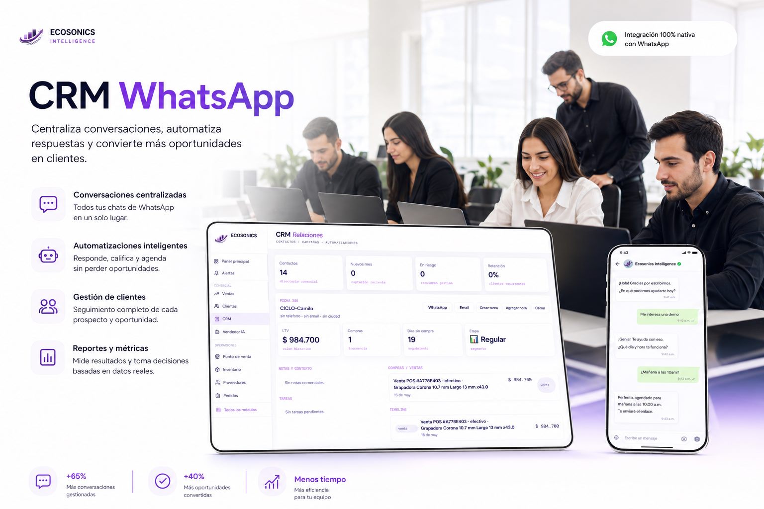 CRM WhatsApp de Ecosonics con pantalla real de ficha 360, conversaciones, automatizaciones y gestion comercial